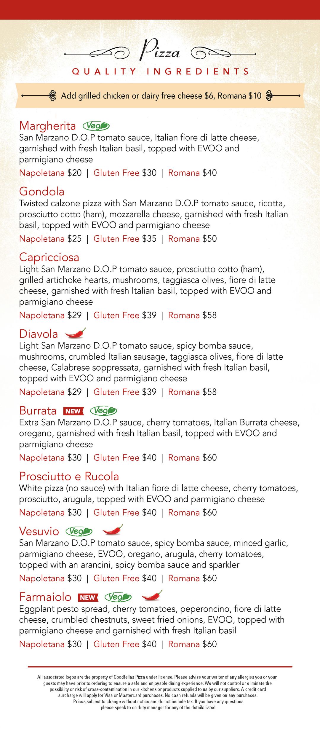 Goodfellas Wood Oven Pizza Menu